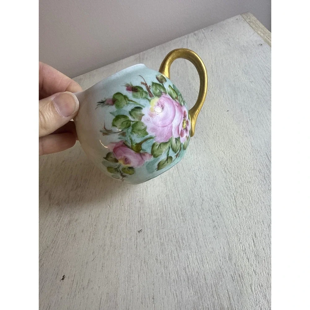 Vintage‎ Hand Painted Floral Porcelain Creamer Pink Roses Gold Handle Dainty